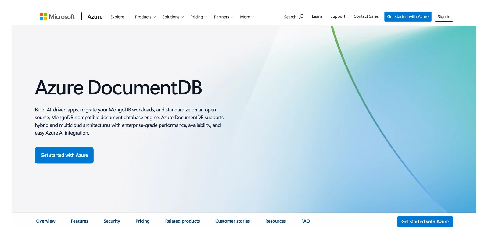 Azure DocumentDB product page showing its headline and main navigation