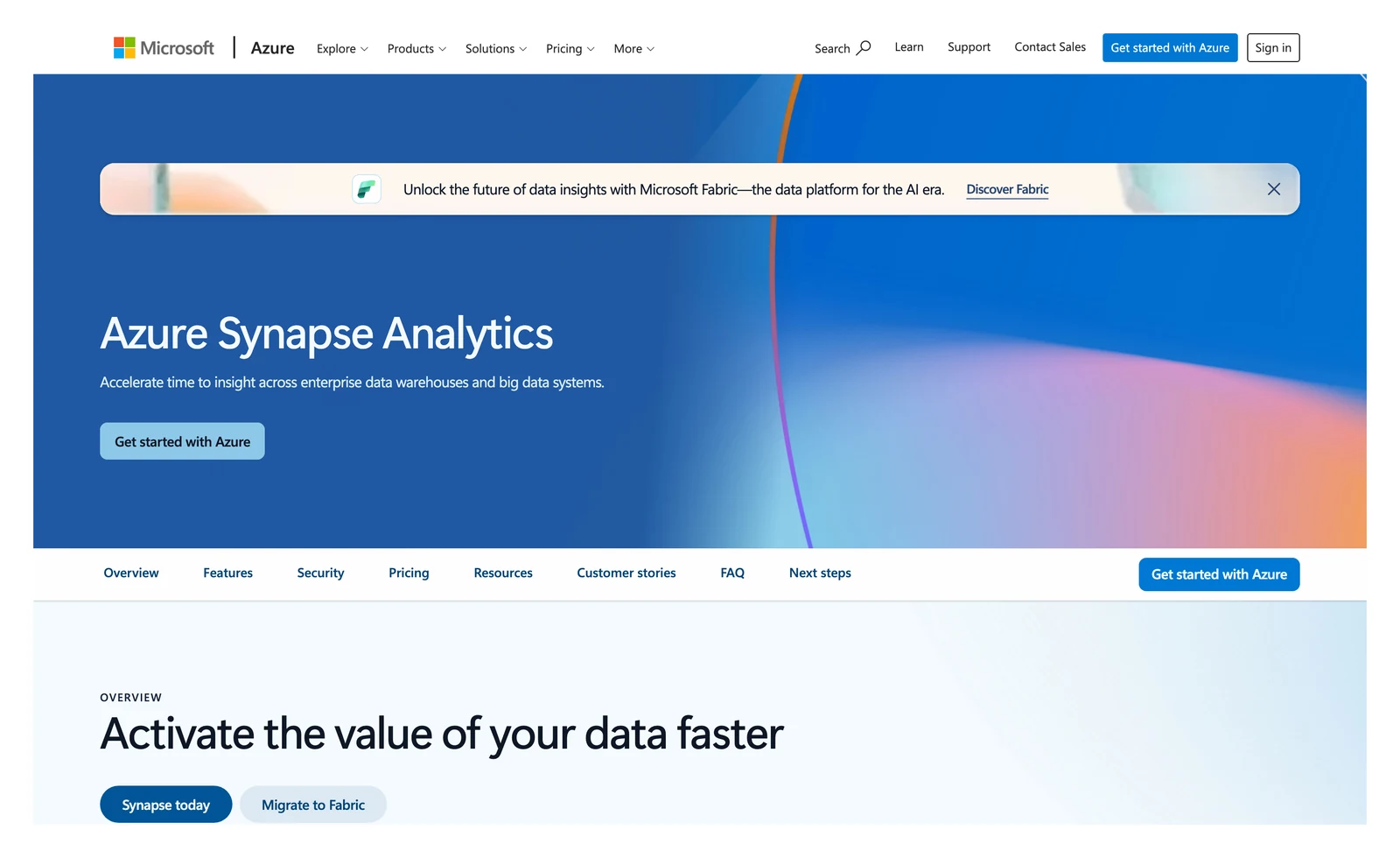 Azure Synapse Analytics product page showing its headline and main navigation