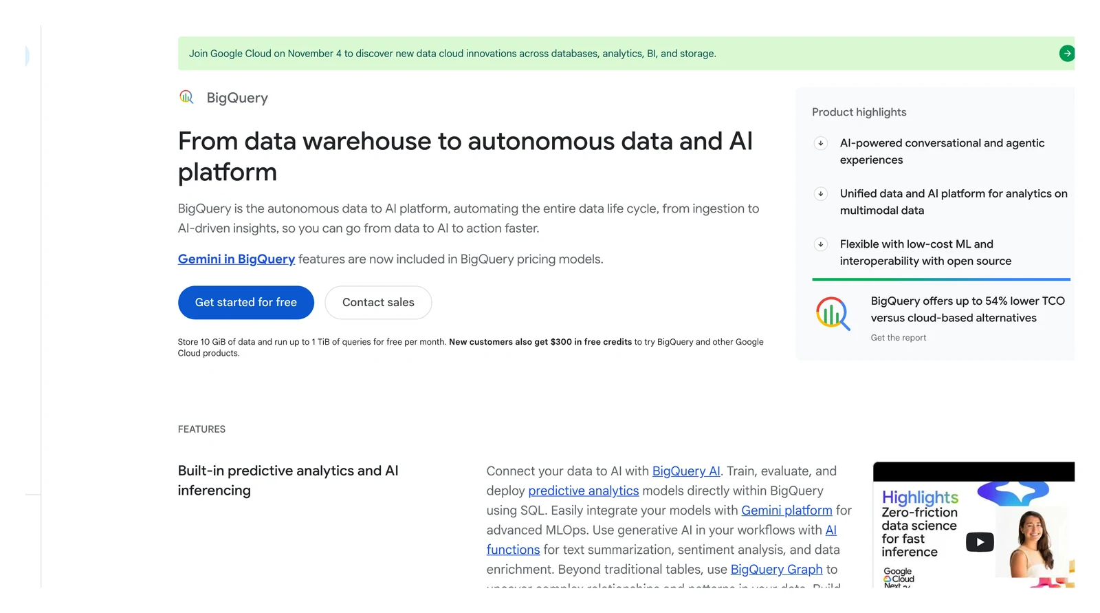 Google BigQuery home page showing its headline and main navigation