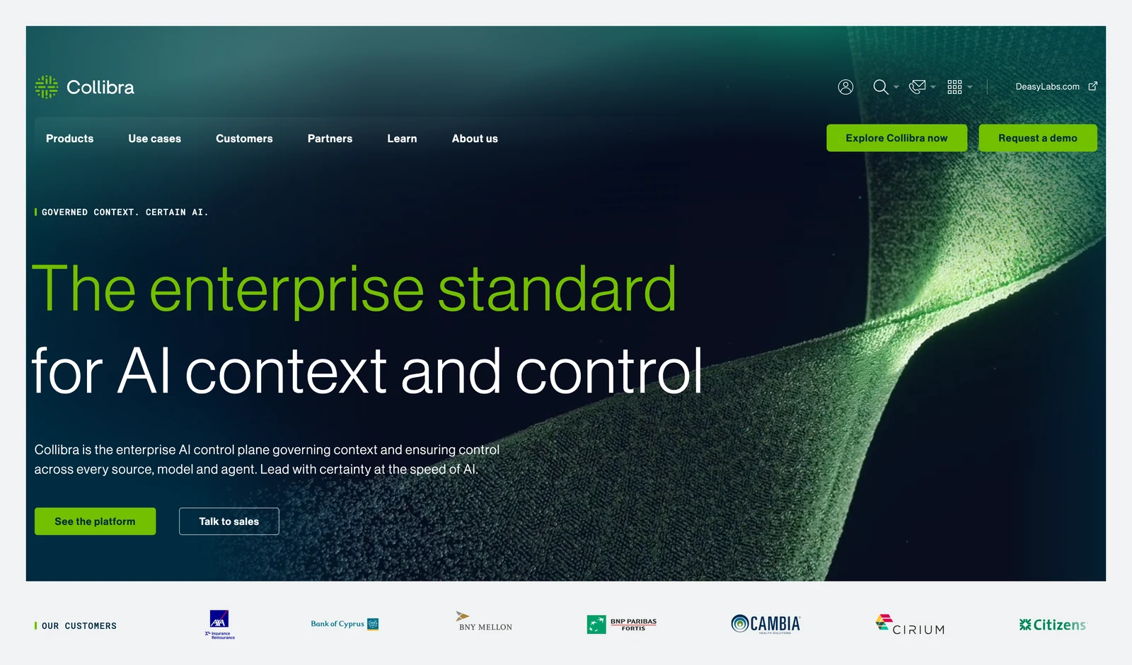 Collibra home page showing its headline and main navigation