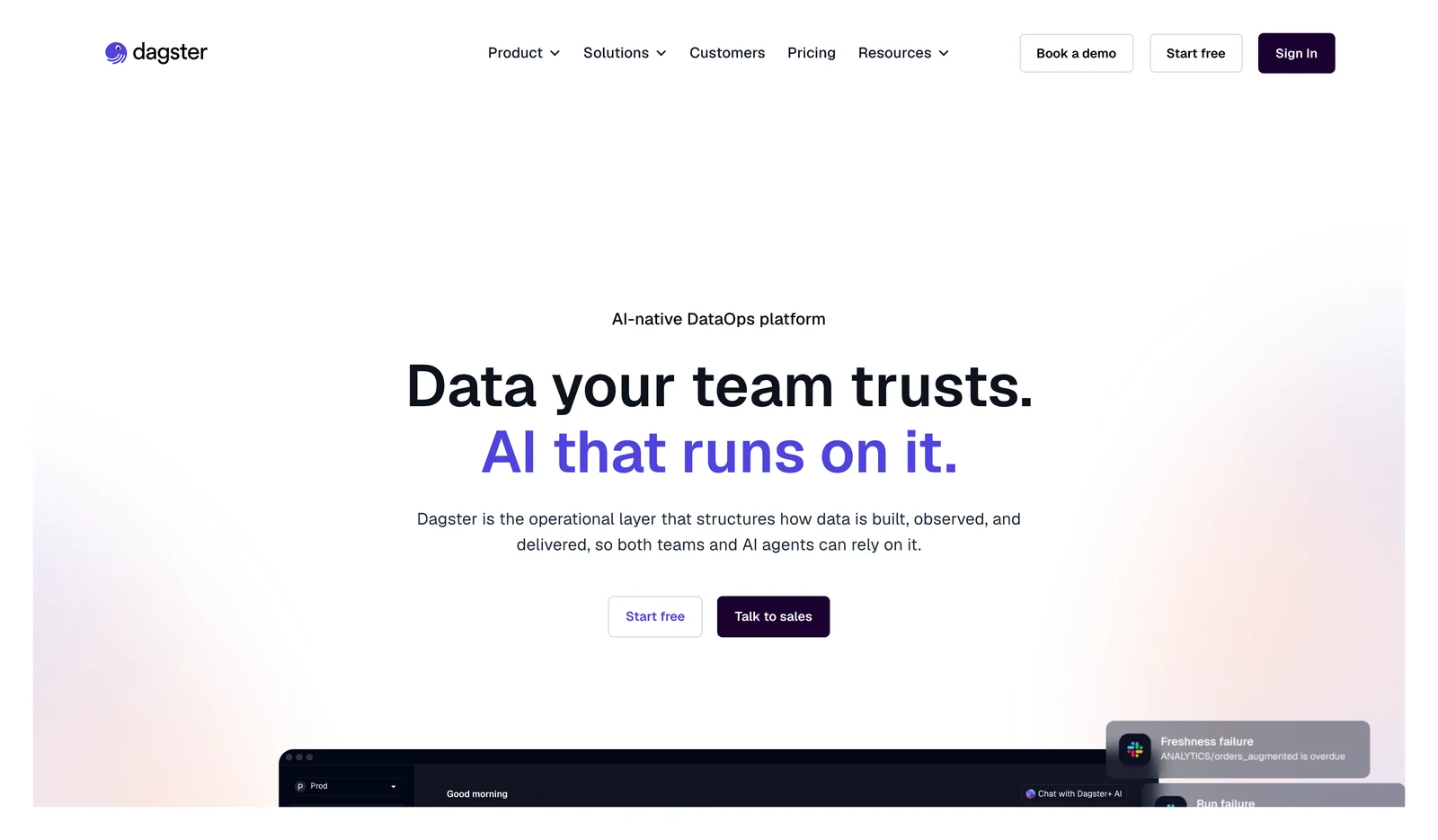 Dagster home page showing its headline and main navigation