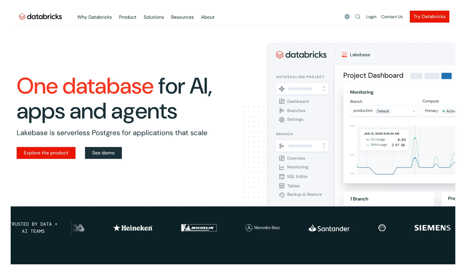 Databricks home page showing its headline and main navigation