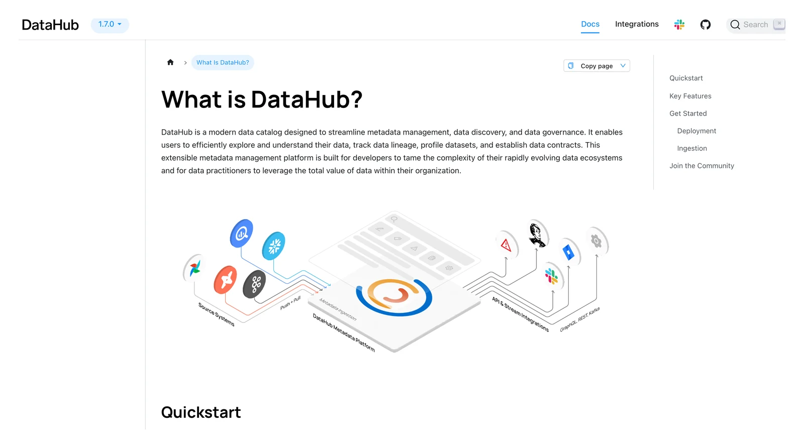DataHub home page showing its headline and main navigation