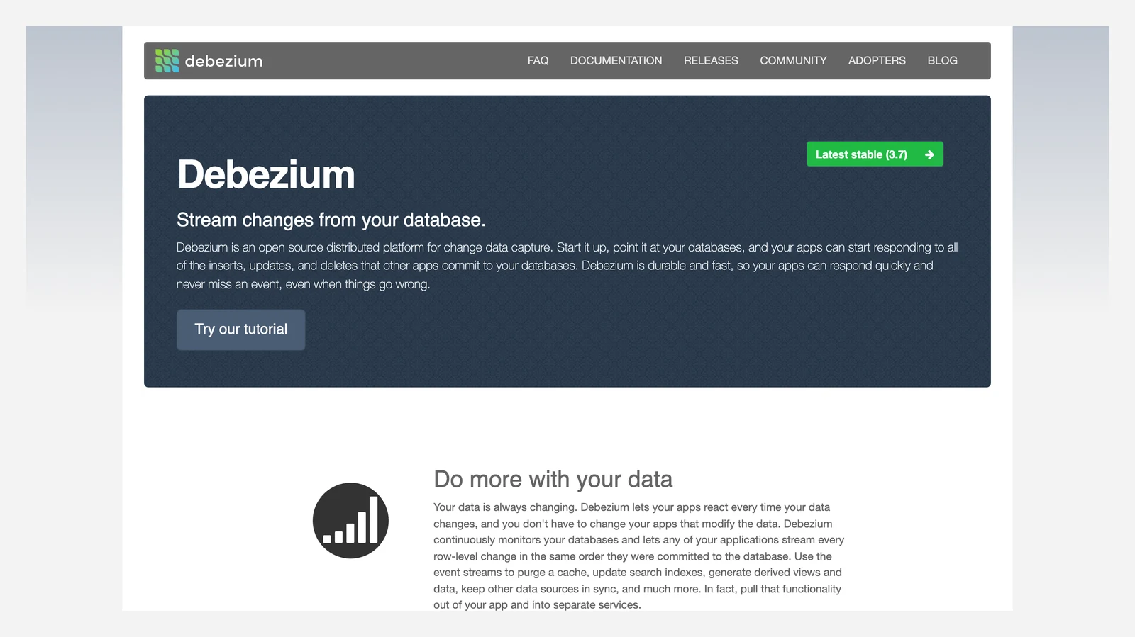 Debezium home page showing its headline and main navigation