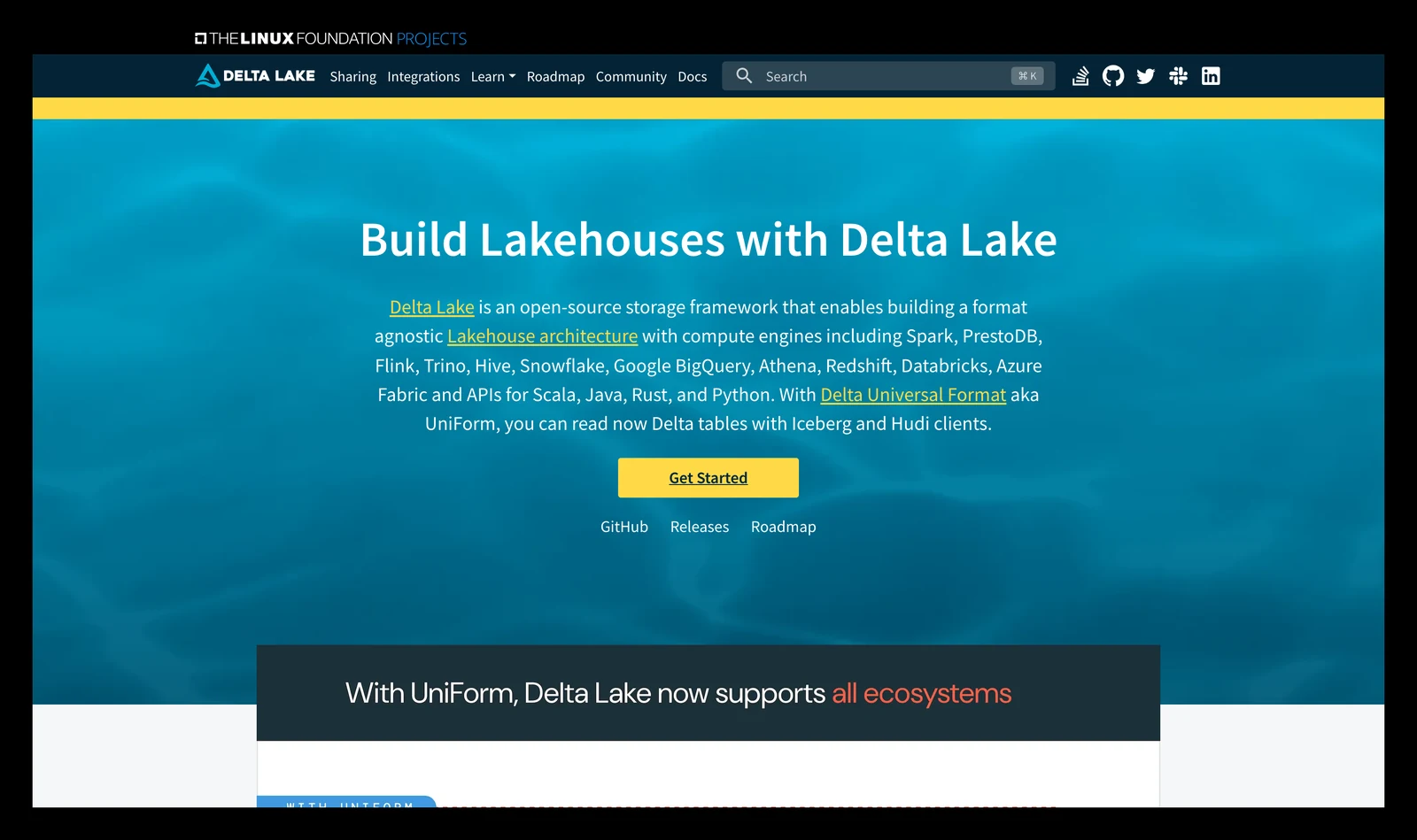 Delta Lake home page showing its headline and main navigation