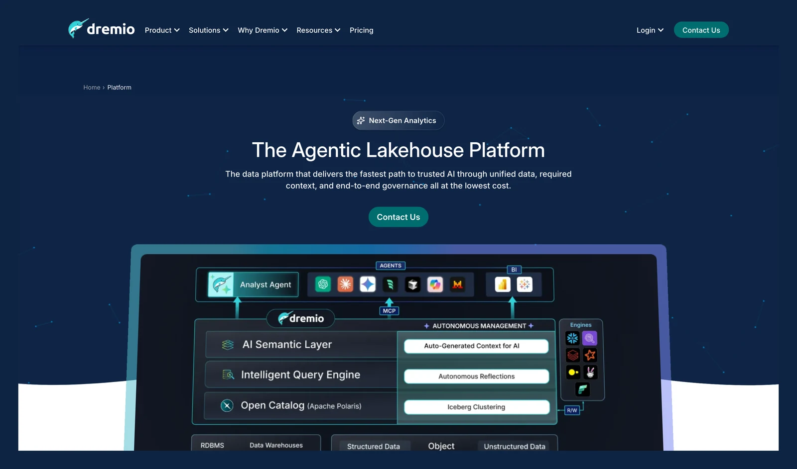 Dremio platform page showing its headline and main navigation