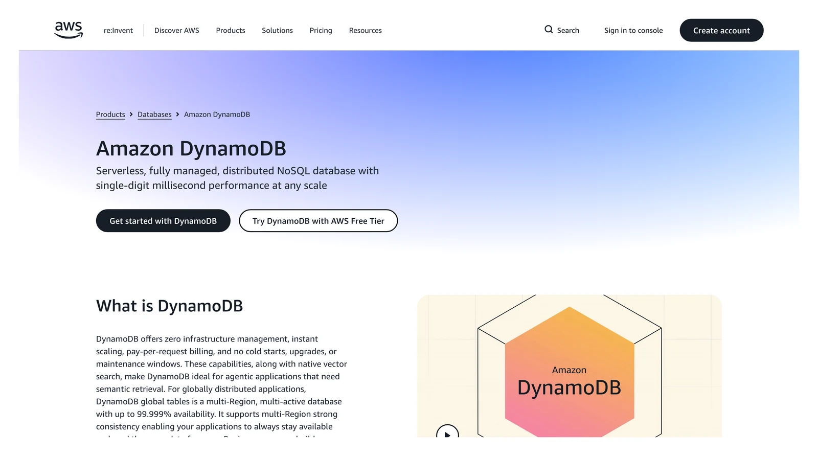 Amazon DynamoDB home page showing its headline and main navigation