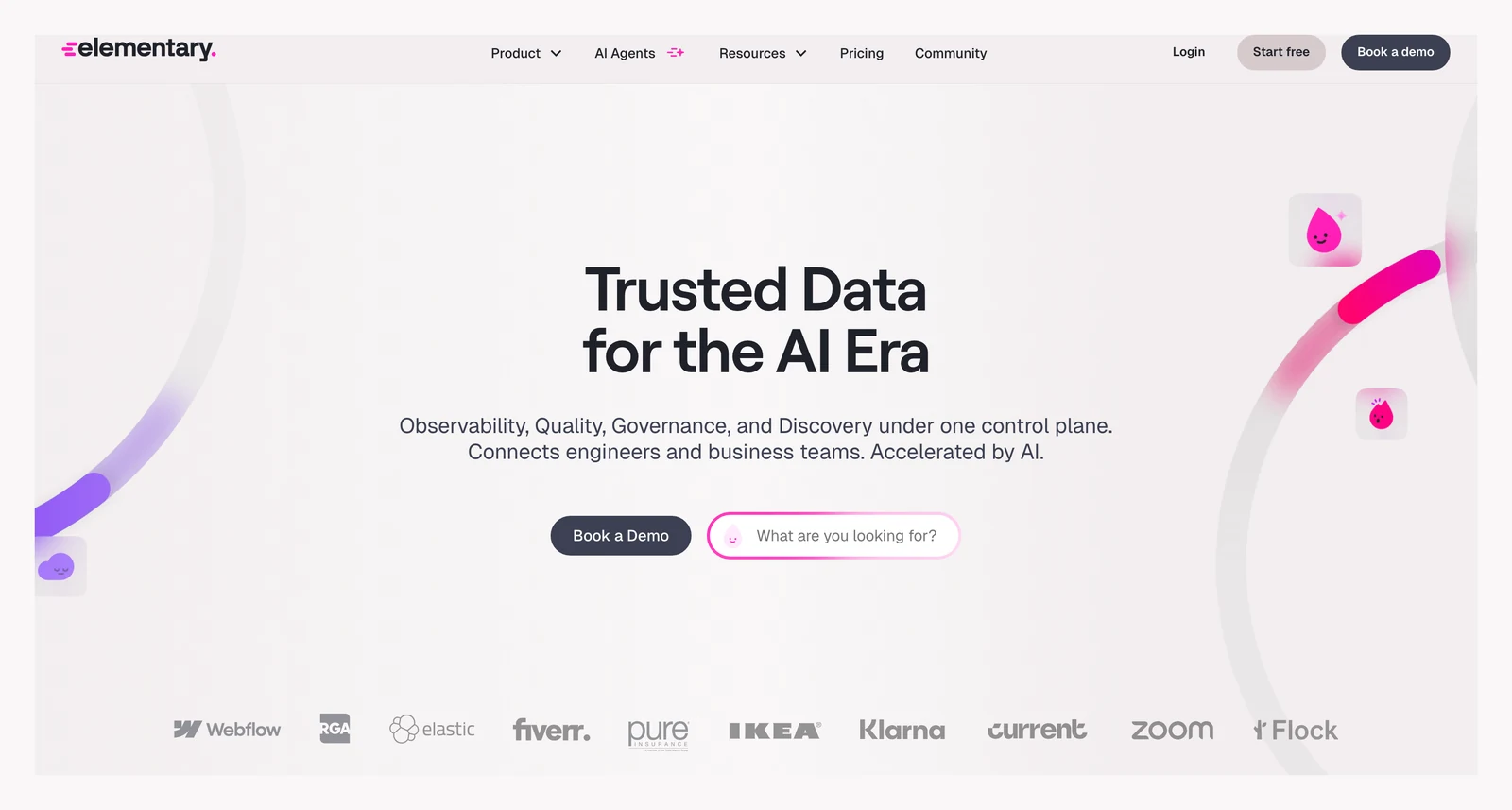Elementary home page showing its headline and main navigation