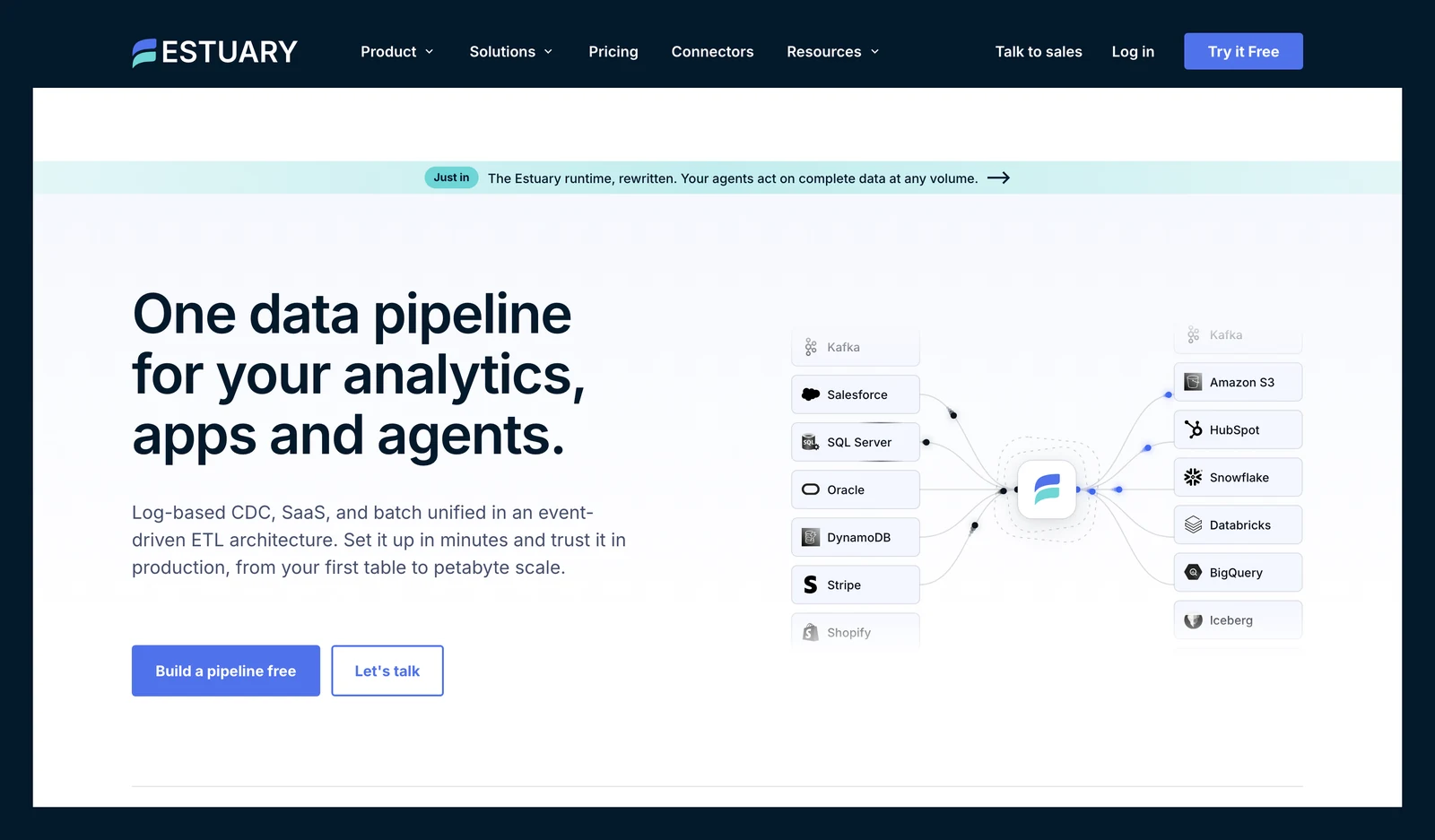 Estuary Flow home page showing its headline and main navigation