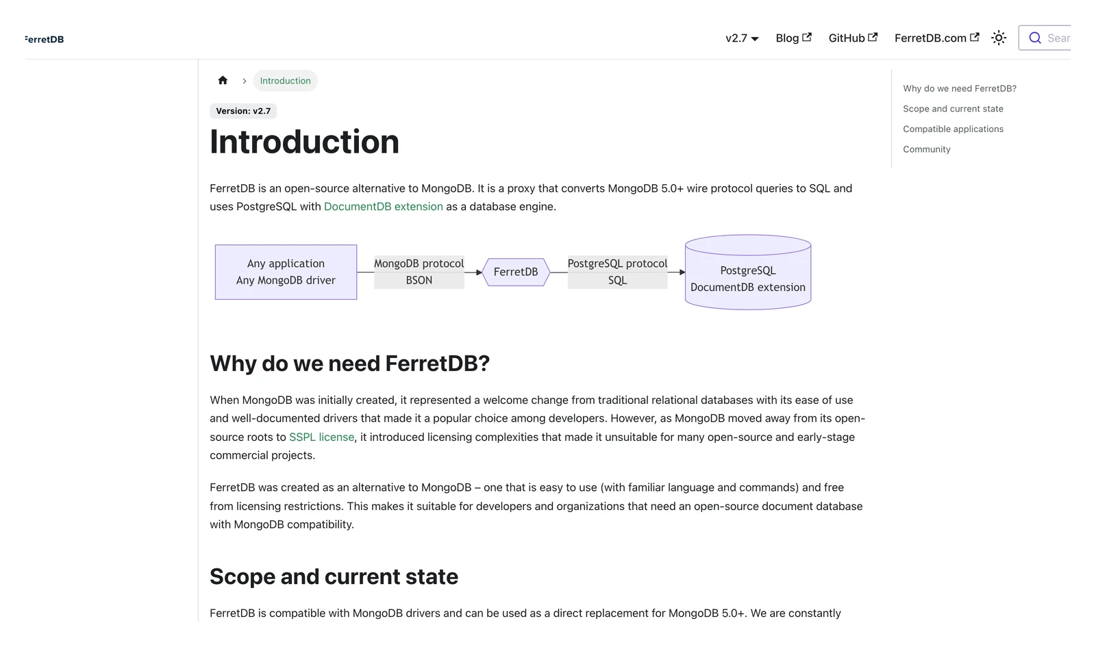 FerretDB documentation home page showing its headline and main navigation