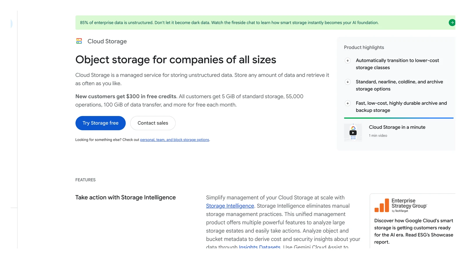 Google Cloud Storage home page showing its headline and main navigation