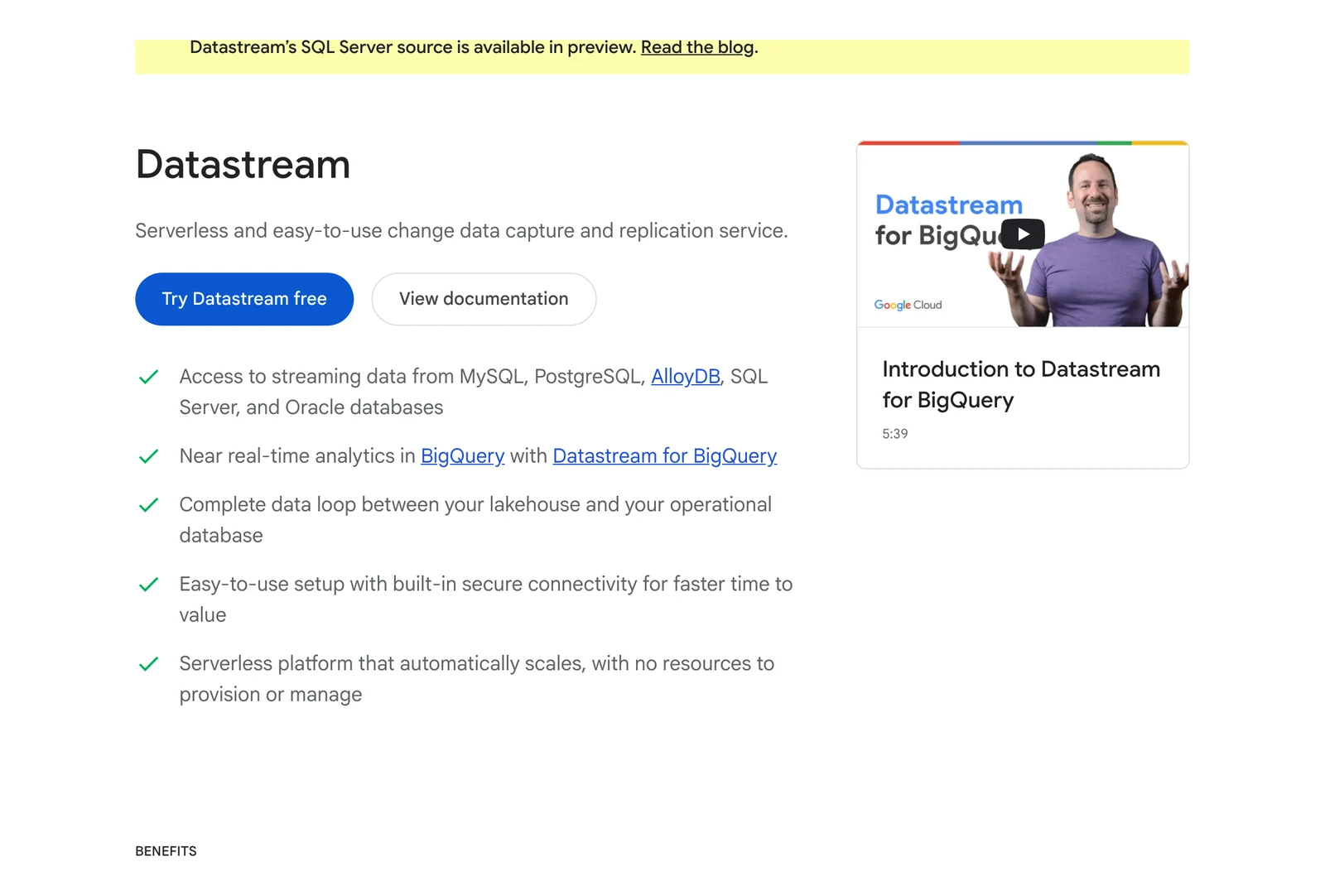 Google Datastream home page showing its headline and main navigation