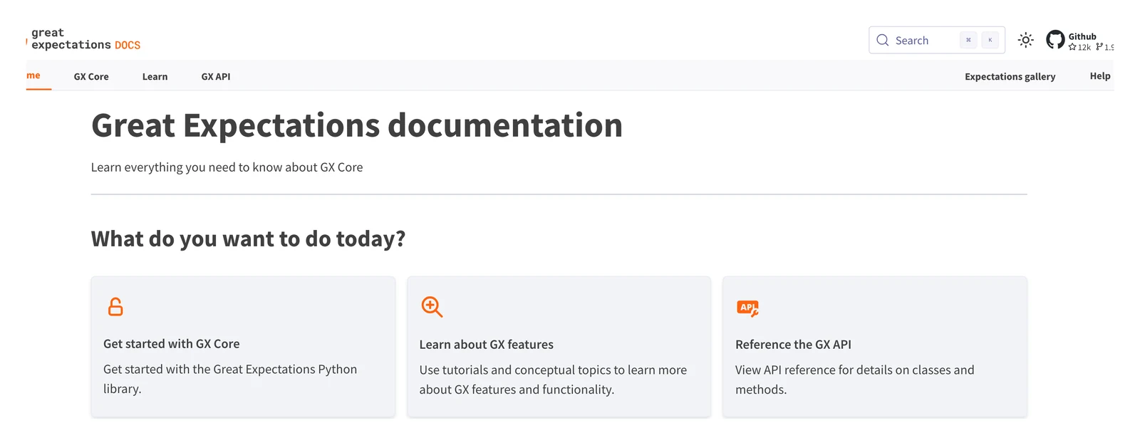 Great Expectations home page showing its headline and main navigation