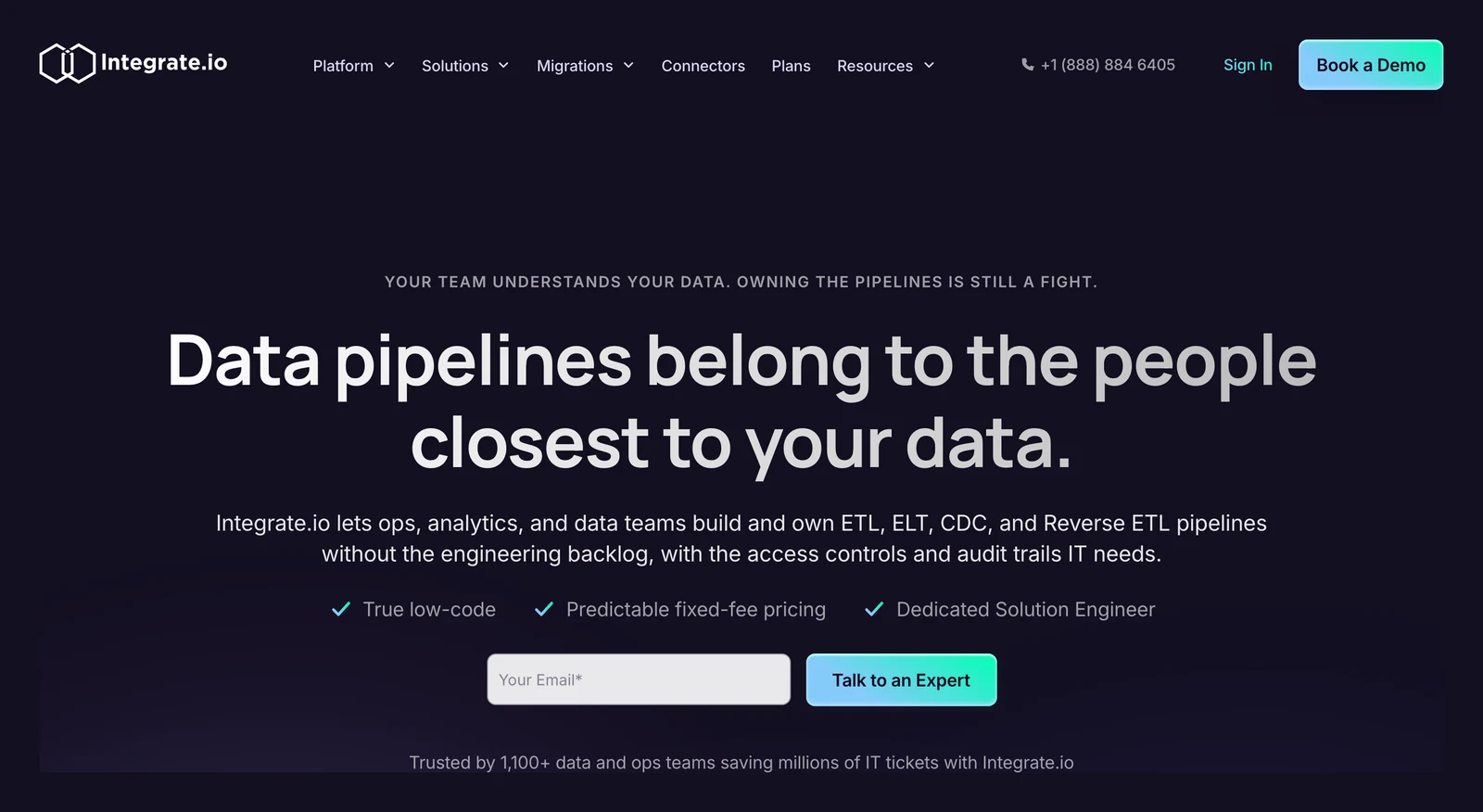 Integrate.io home page showing its headline and main navigation