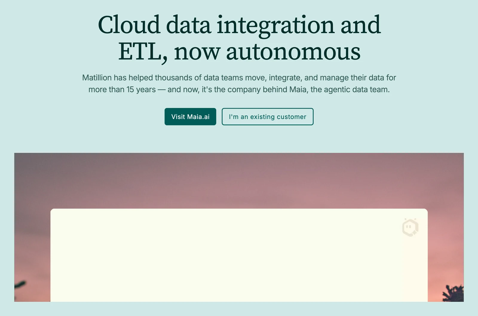 Matillion home page showing its headline and main navigation