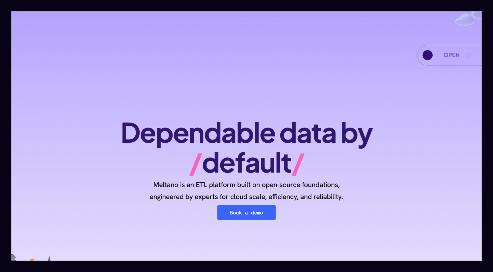 Meltano home page showing its headline and main navigation