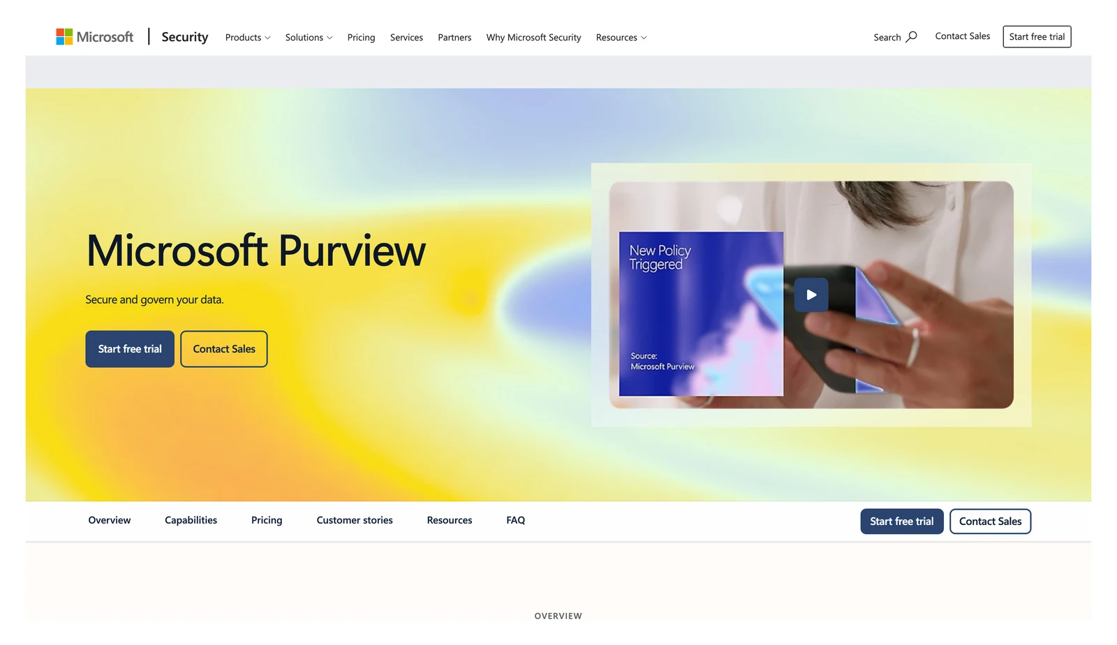 Microsoft Purview product page showing its headline and main navigation