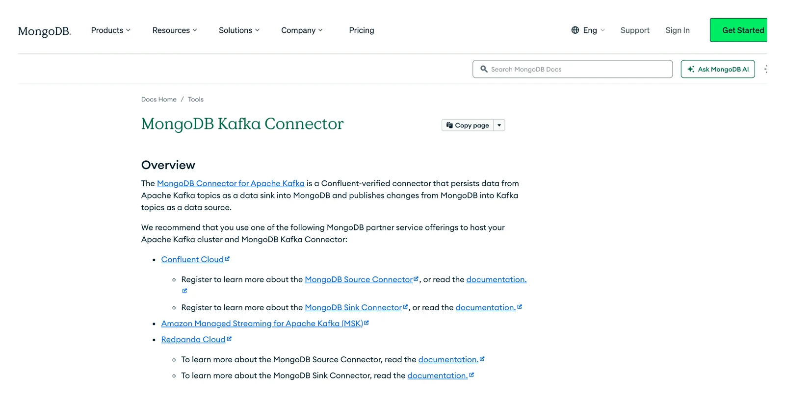 MongoDB Kafka Connector home page showing its headline and main navigation