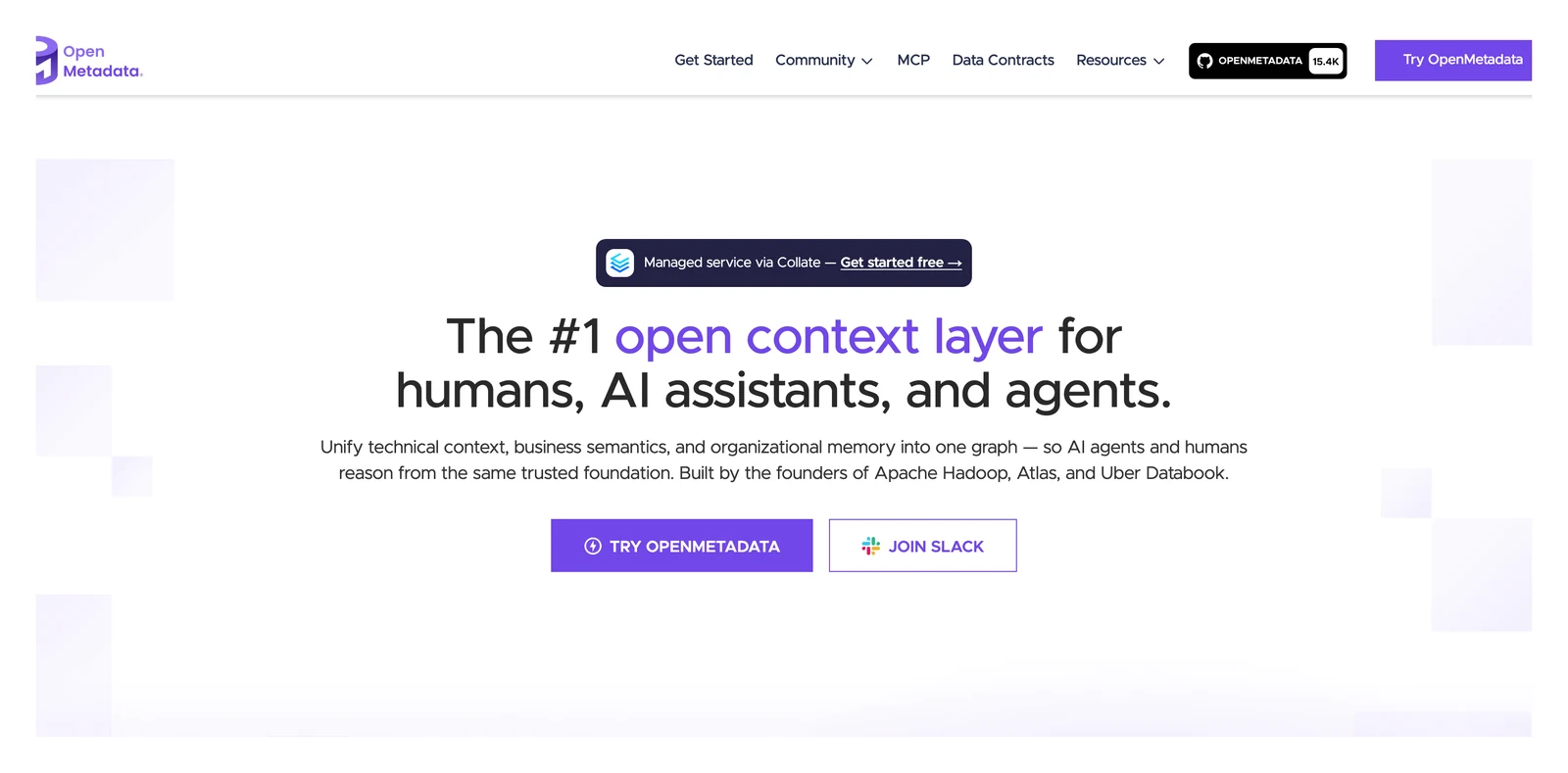 OpenMetadata home page showing its headline and main navigation