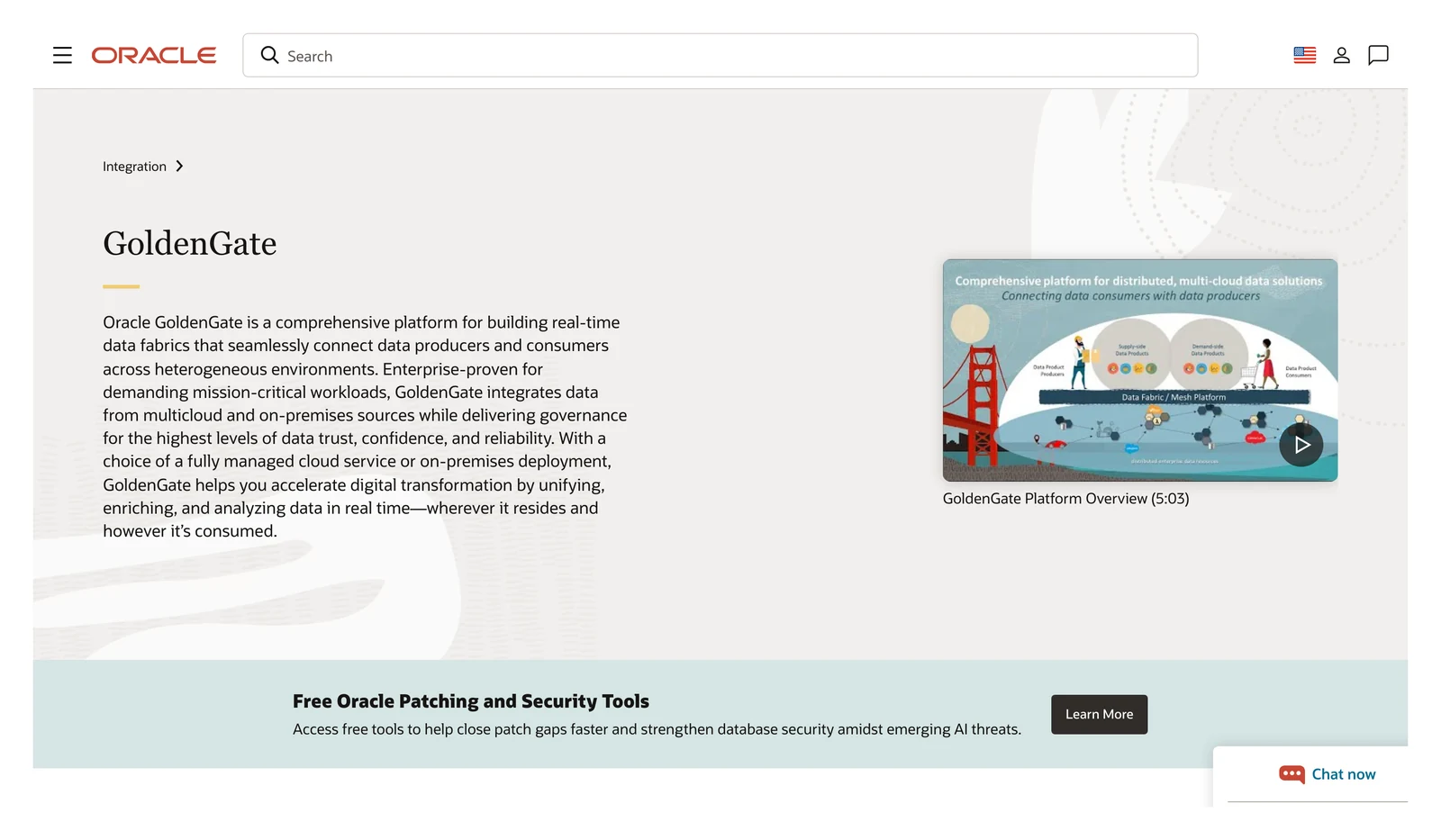 Oracle GoldenGate home page showing its headline and main navigation