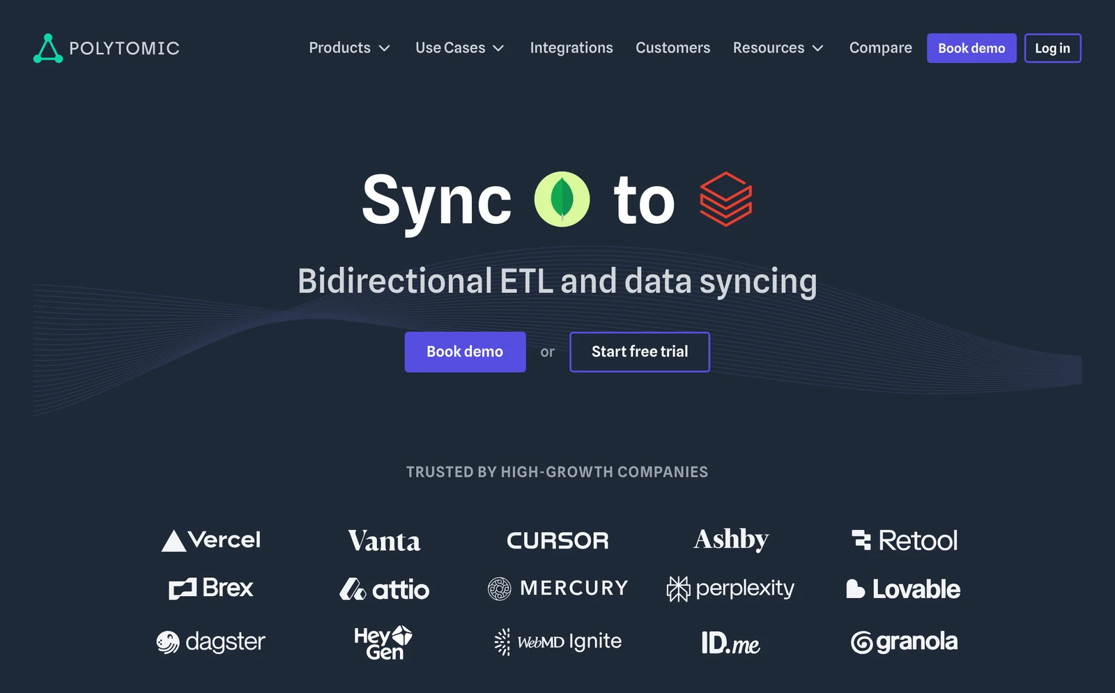Polytomic home page showing its headline and main navigation