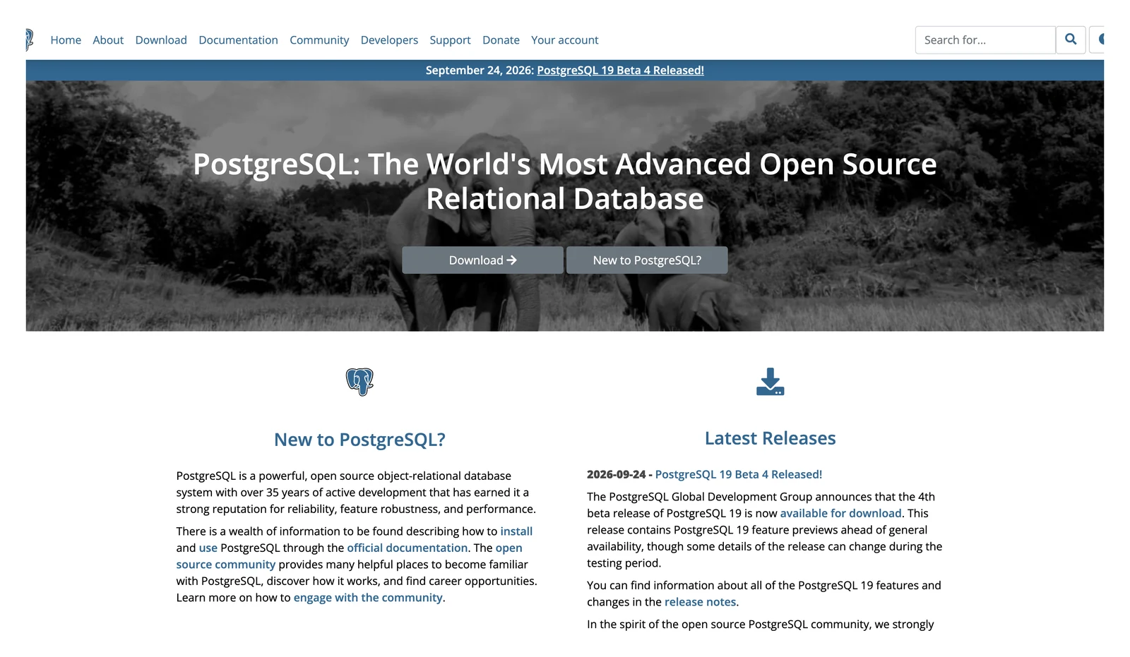 PostgreSQL home page showing its headline and main navigation