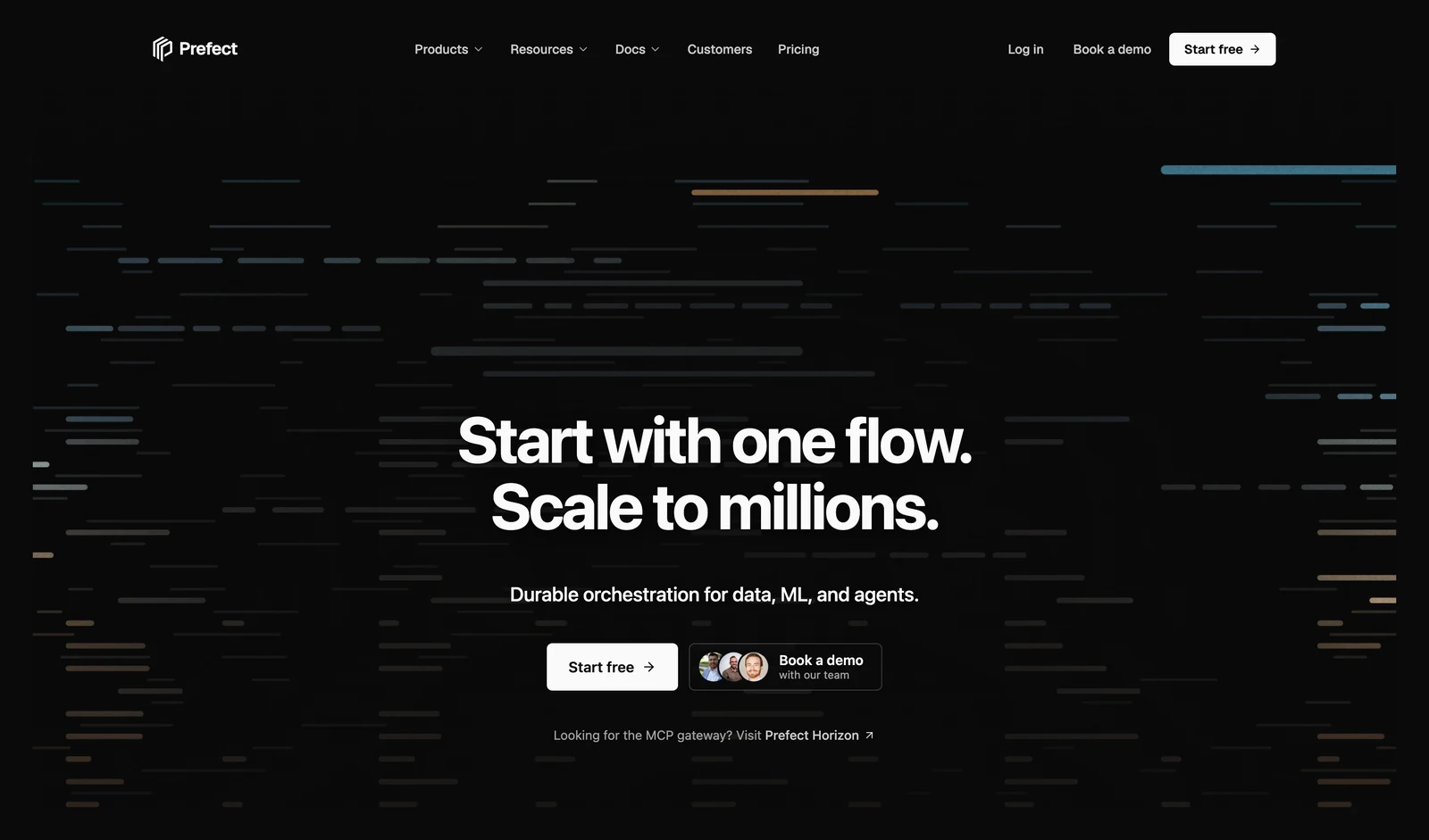 Prefect home page showing its headline and main navigation