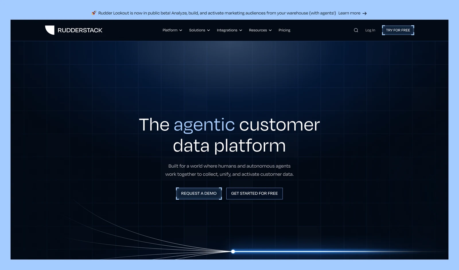 RudderStack home page showing its headline and main navigation
