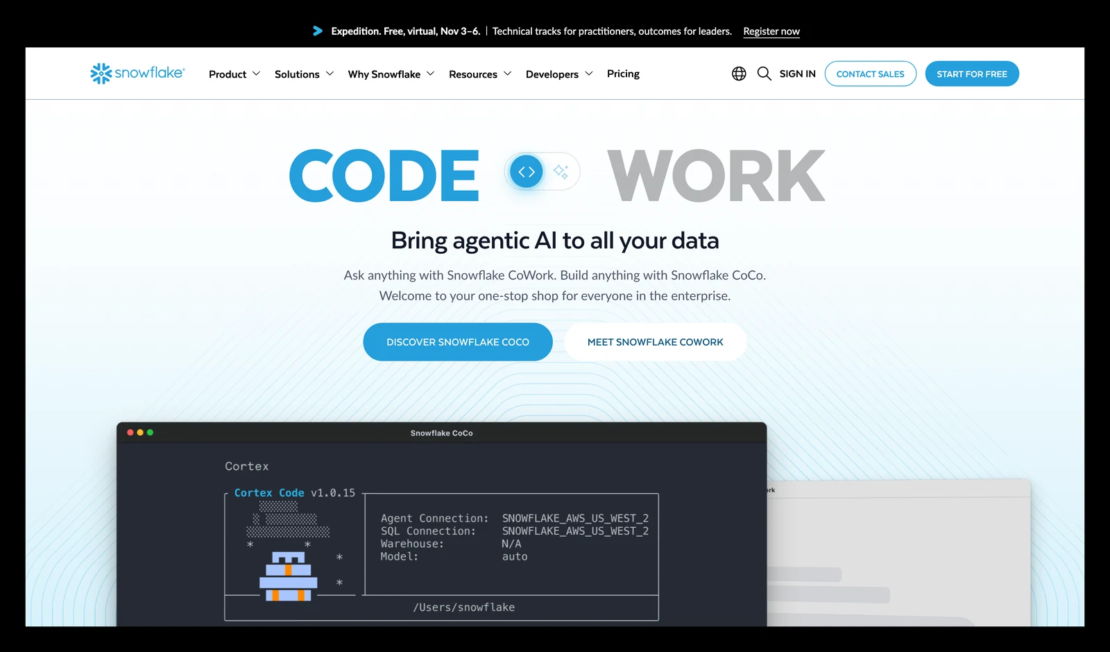 Snowflake home page showing its headline and main navigation