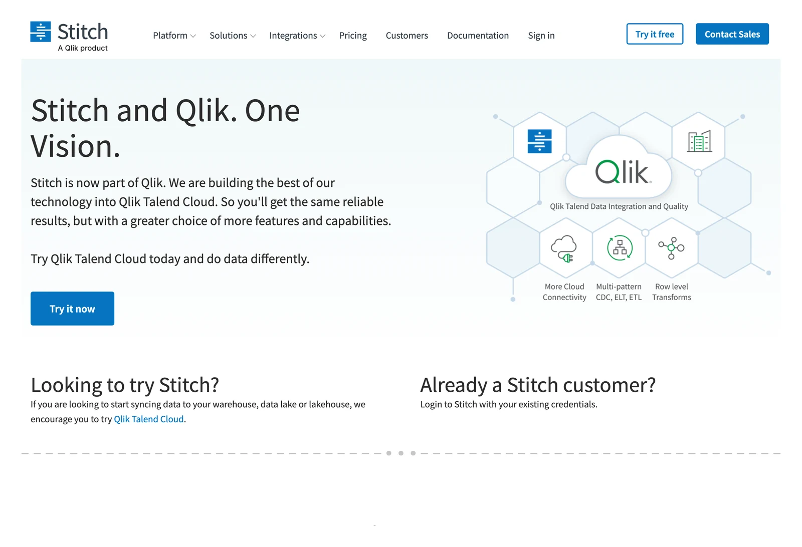 Stitch home page showing its headline and main navigation
