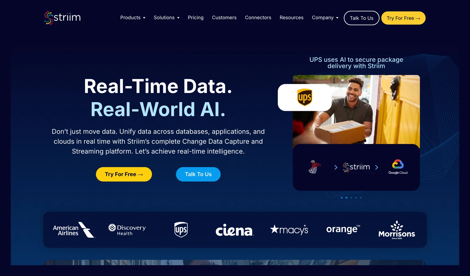 Striim home page showing its headline and main navigation