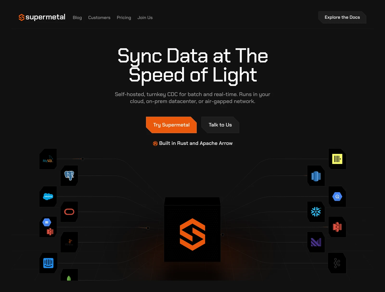 Supermetal home page showing its headline and main navigation