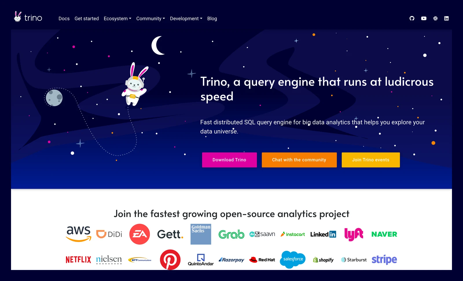 Trino home page showing its headline and main navigation