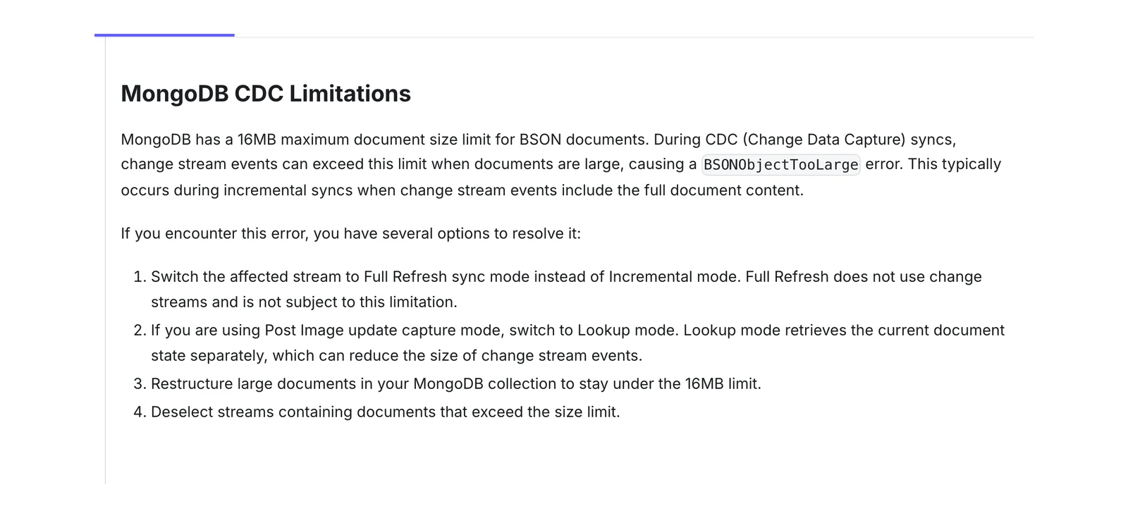 Airbyte MongoDB troubleshooting page explaining the 16MB BSON limit and BSONObjectTooLarge error in change stream syncs