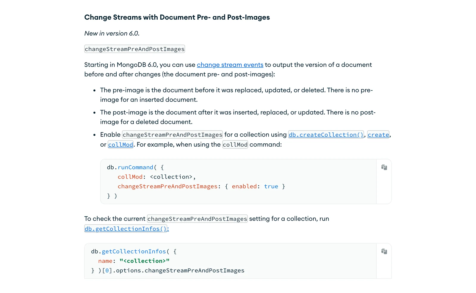 MongoDB collMod documentation on change stream pre- and post-images, new in version 6.0, with the changeStreamPreAndPostImages option