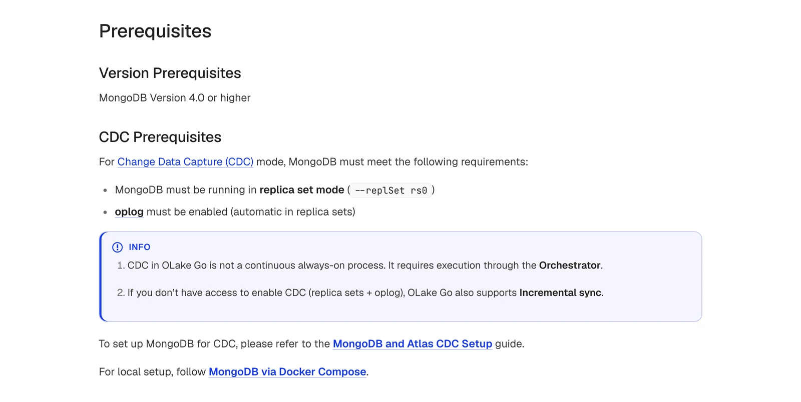 OLake Go MongoDB connector docs listing MongoDB 4.0 or higher and replica set mode as CDC prerequisites