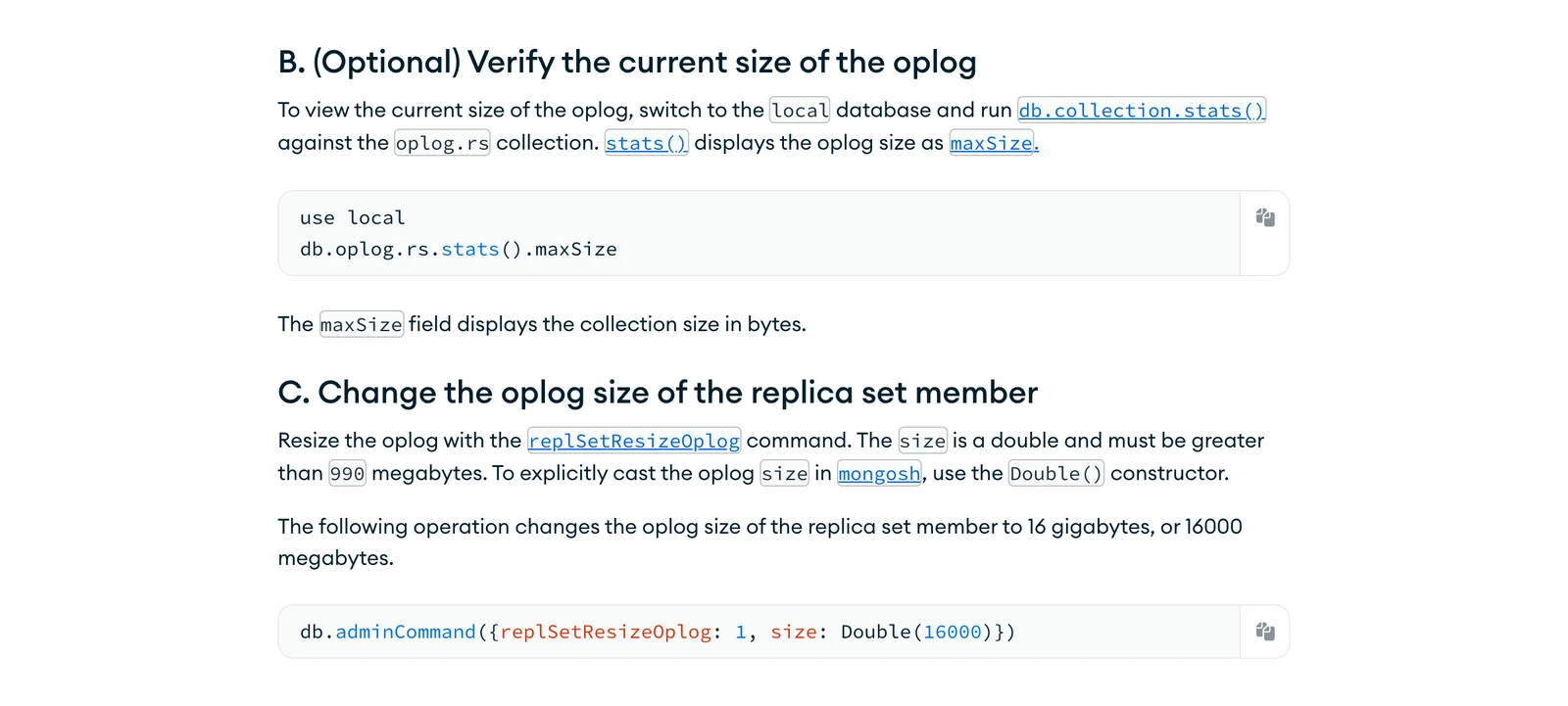 MongoDB documentation showing how to check the oplog size with maxSize and resize it with replSetResizeOplog