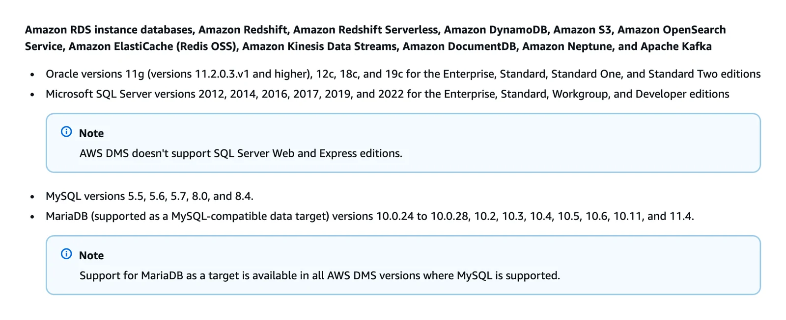 AWS DMS docs heading listing target endpoints including Amazon S3, Kinesis Data Streams and Apache Kafka, with no Iceberg entry