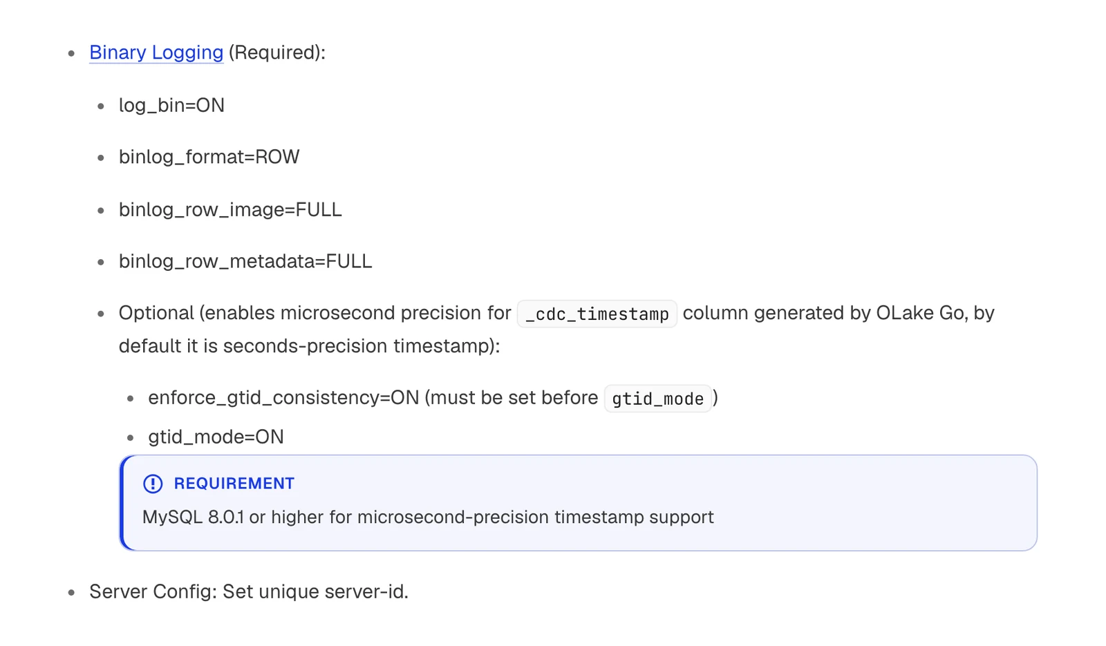 MySQL connector docs page listing binary logging prerequisites including ROW format, row image, row metadata and optional GTID