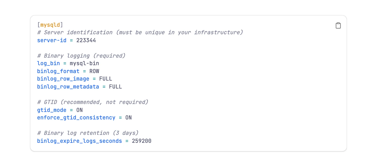 Supermetal MySQL source docs listing binlog_format ROW, binlog_row_image FULL and binlog_row_metadata FULL as required settings