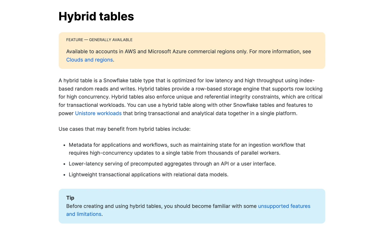Snowflake hybrid tables page with the note that they are available in AWS and Azure commercial regions only