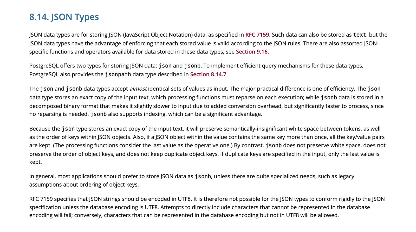 PostgreSQL manual JSON types page explaining json keeps exact text while jsonb is binary and can be indexed