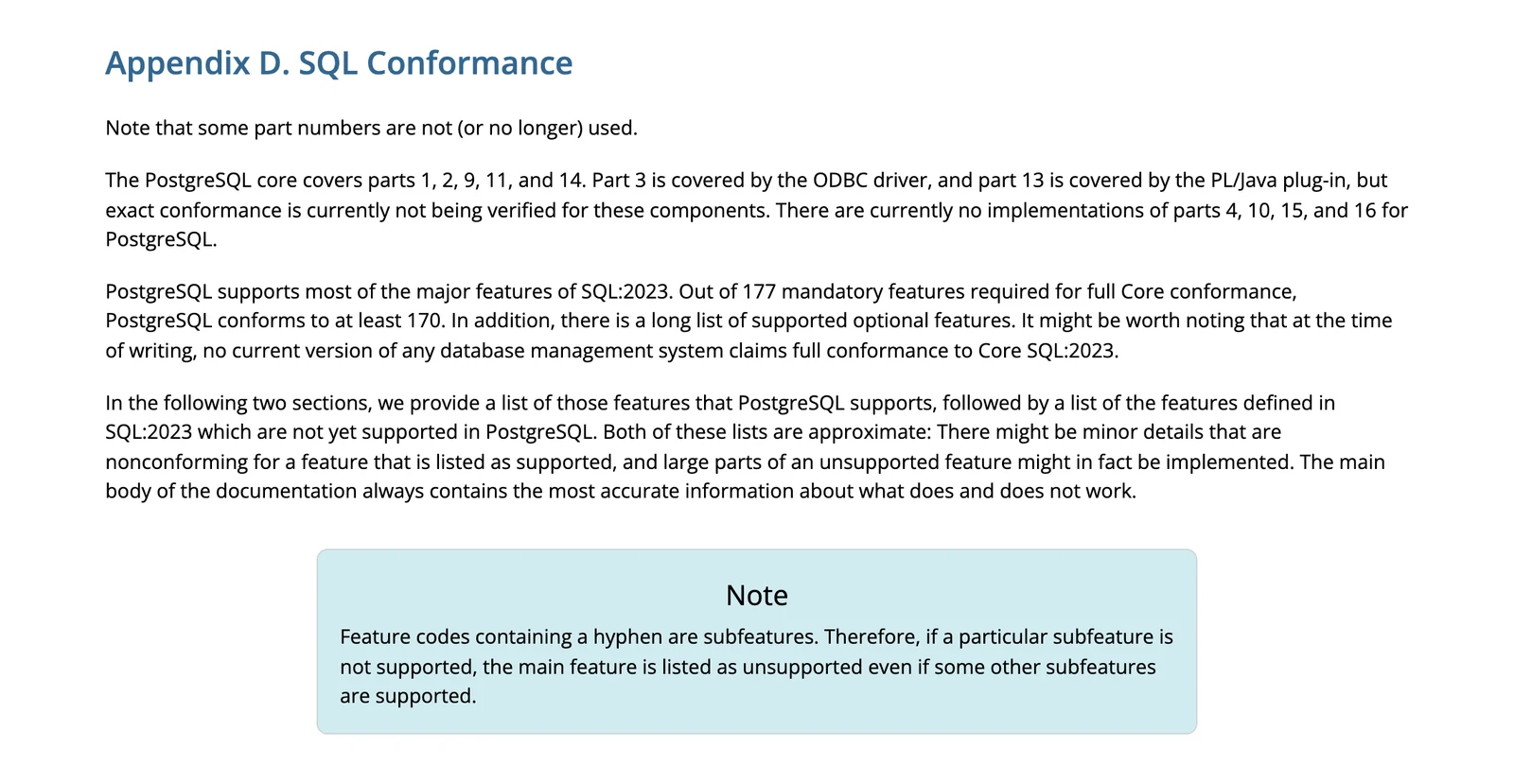 PostgreSQL documentation page stating it conforms to at least 170 of 177 mandatory SQL Core features