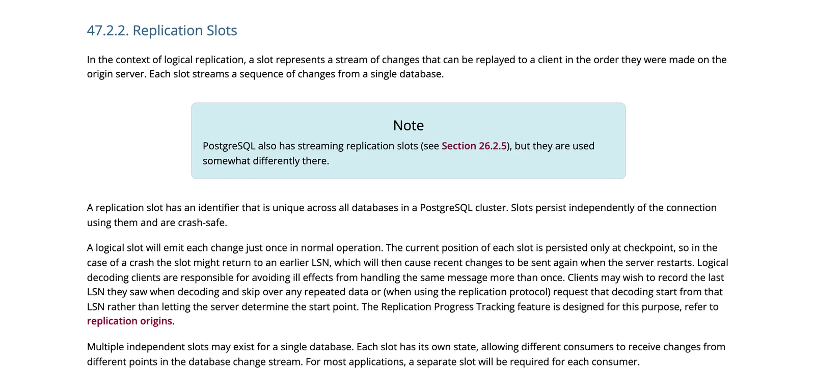 PostgreSQL documentation saying a logical slot may return to an earlier position after a crash and resend recent changes