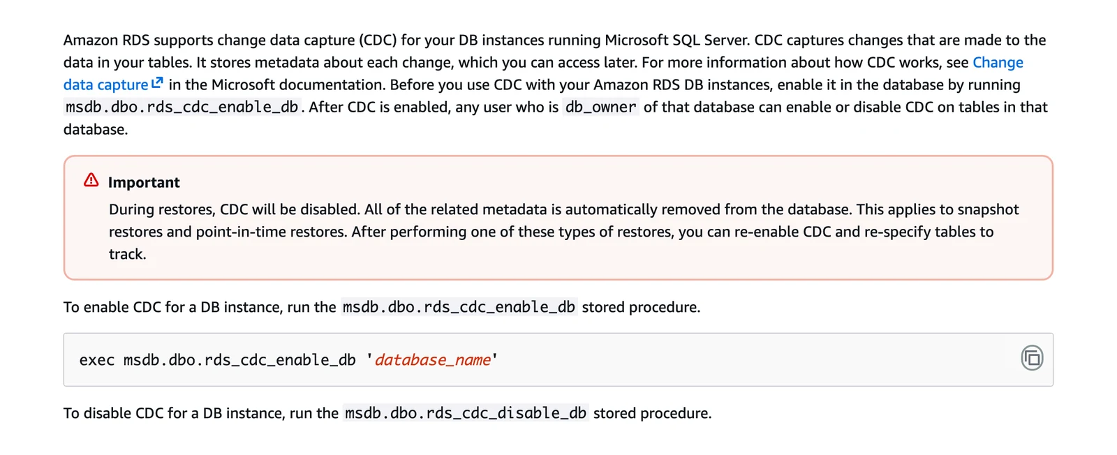 Amazon RDS for SQL Server documentation showing the rds_cdc_enable_db procedure and a note that restores disable CDC