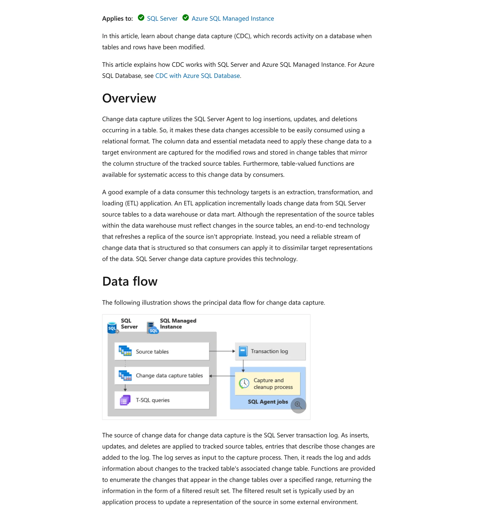 Microsoft documentation on SQL Server change data capture, with a data flow diagram from the transaction log to change tables