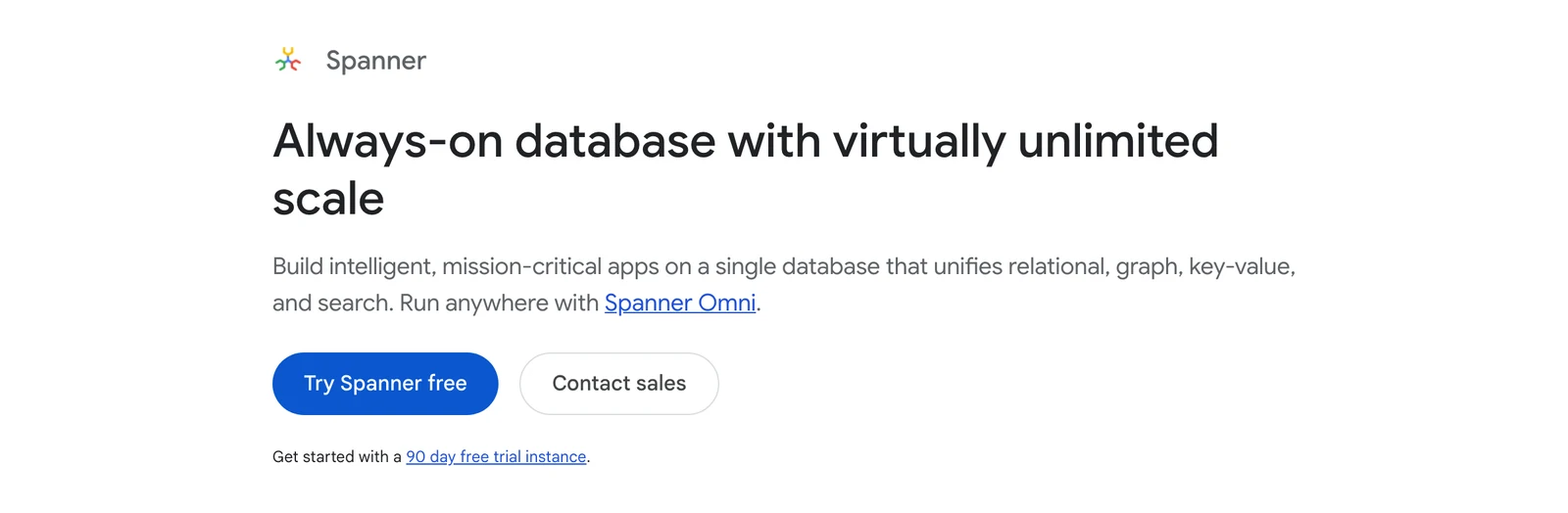 Google Spanner page describing one database that unifies relational, graph, key-value and search capabilities