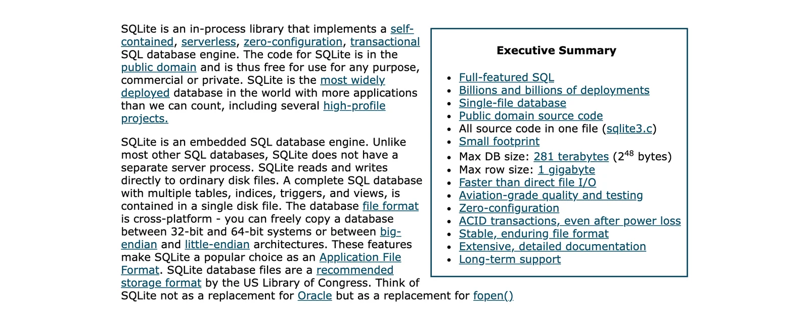 SQLite about page describing an in-process, self-contained, serverless, zero-configuration, transactional SQL database engine