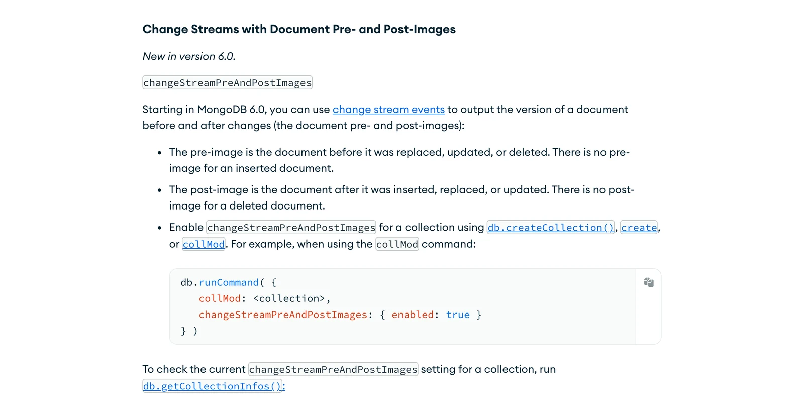 MongoDB documentation on change stream pre- and post-images, noting a deleted document has no post-image
