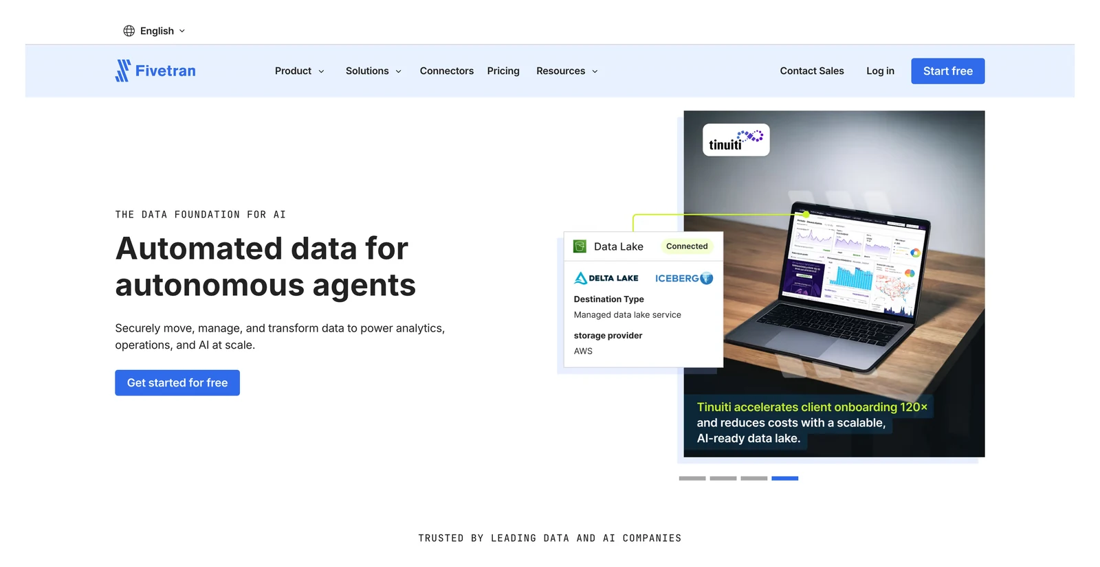 Fivetran home page with the headline Automated data for autonomous agents and a data lake destination card showing Iceberg and Delta Lake